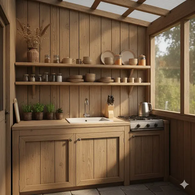 Desain Dapur Minimalis 2x3 Meter dengan Rak Kayu Gantung Ala Rustic Modern. Gemini