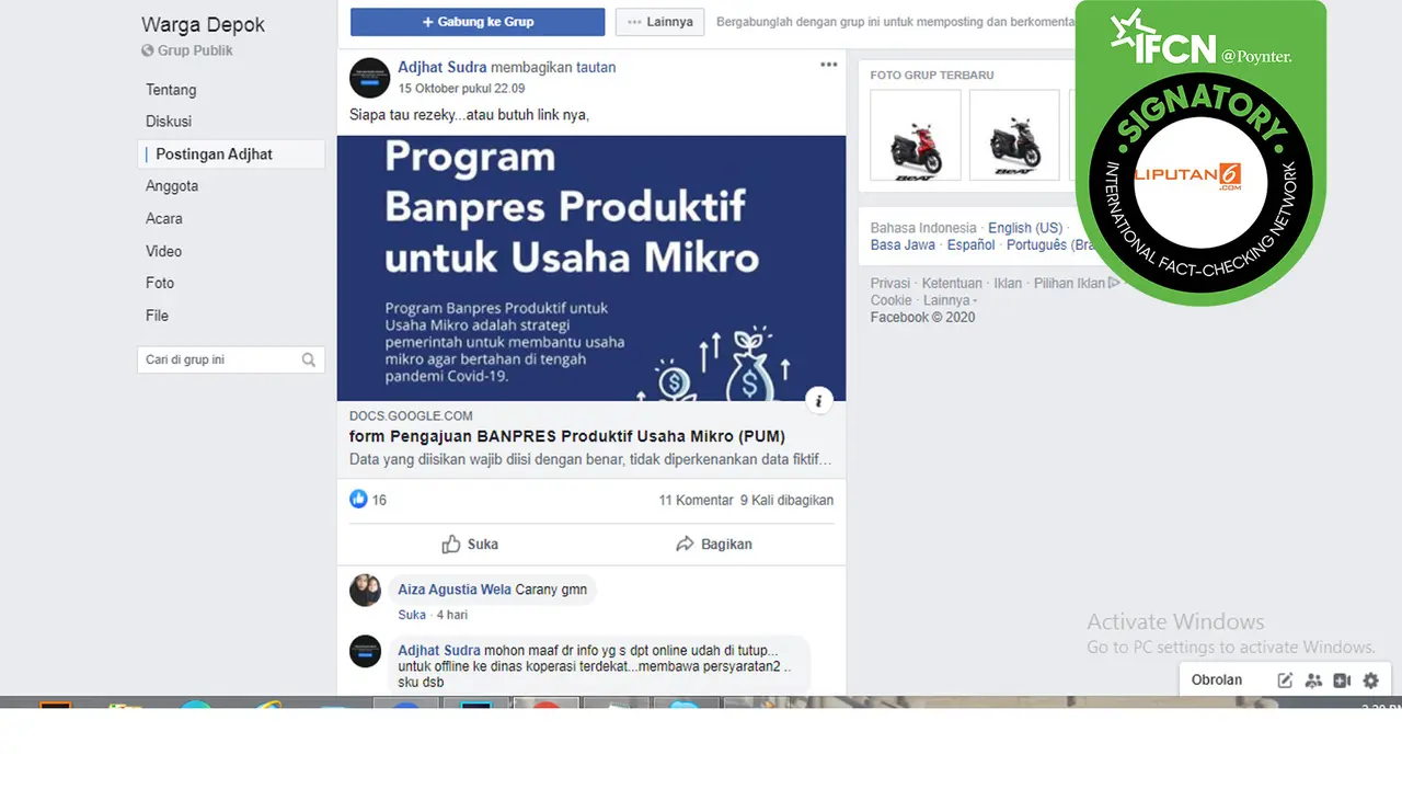 Hoaks bantuan dari Kementerian Koperasi dan UKM Republik Indonesia
