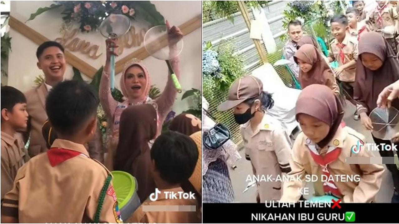 Momen Murid SD Hadiri Nikahan Ibu Guru, Heboh Pakai Seragam Pramuka dan Bawa Kado