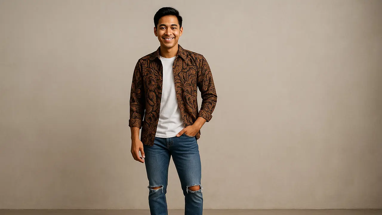 Model Kombinasi Batik dengan Jeans untuk Look Casual/Ilustrasi gambar oleh AI
