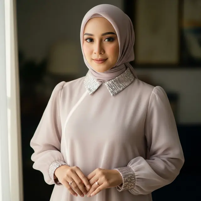 Dress Panjang Muslim Kombinasi Aksen Payet Elegan
