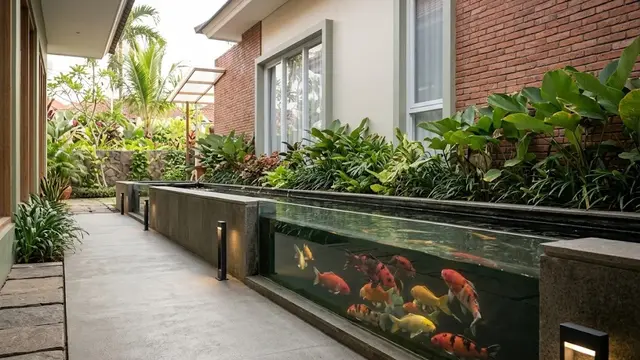 Kolam Dekat Pagar Rumah dengan Panel Kaca Pengaman