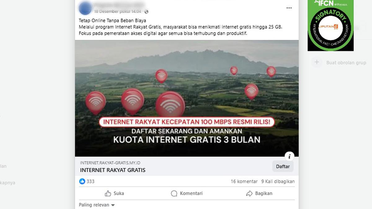 Cek Fakta: Tidak Benar Link Ini Pendaftaran Internet Rakyat Gratis 25 GB