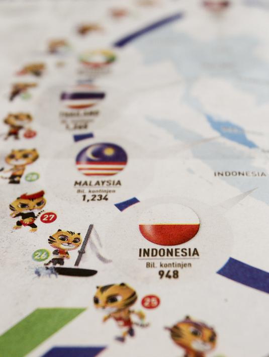 Bendera terbalik terpampang pada  tampilan info grafis salah satu media cetak Malaysia saat berlangsungnya SEA Games 2017 di Malaysia, (20/8/2017). Sebelumnya pada buku panduan SEA games juga telah dicetak bendera Merah-Putih terbalik. (AP/Daniel Chan)