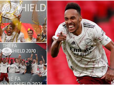 Striker Arsenal, Pierre-Emerick Aubameyang, menjadi pahlawan kemenangan Arsenal atas Liverpool saat menjuarai Community Shield 2020. Berikut ekspresi kebahagian Pierre-Emerick Aubameyang.