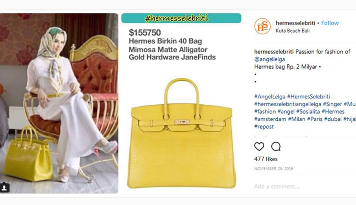 Tas berwarna kuning milik Angel Lelga ini sangat menggoda memang, namun harganya setara dengan satu unit rumah. percaya atau tidak,  harga tas bermerek Hermes ini Rp 2 Milyar. Mau punya juga? (Instagram/hermesselebriti)
