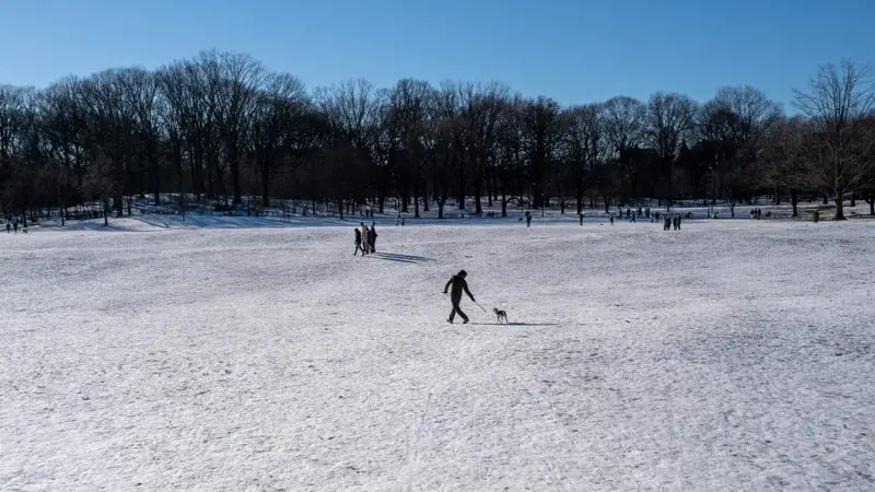 Orang-orang berjalan melewati salju di Prospect Park Brooklyn pada musim dingin 21 Januari 2024 di New York City AS. (Spencer Platt / AFP)