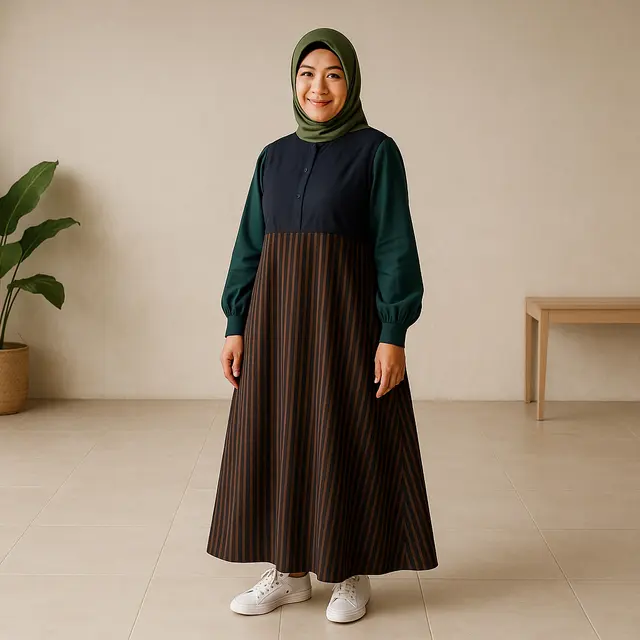 Model Gamis Lurik Kombinasi Polos Terbaru untuk Ibu-Ibu Usia 40 Tahun/via ChatGPT