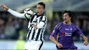 Penyerang Juventus, Alessandro Matri (kiri)  mengontrol bola dari kejaran pemain Fiorentina pada leg kedua Semifinal Coppa Italia di stadion Artemio Franchi, Italia,Rabu (8/4/2015). Juventus menang 3-0 atas Fiorentina. (AFP PHOTO/Filippo Monteforte)