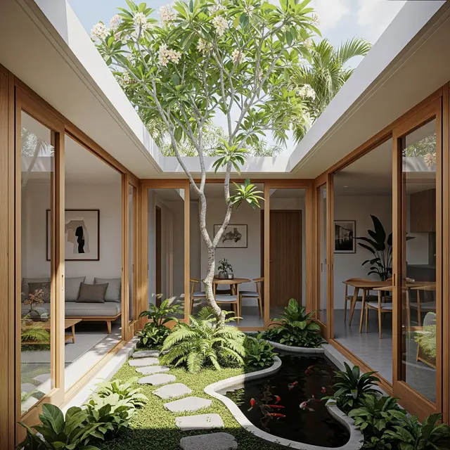 Model Rumah Kecil Tapi Luas dengan Taman di Tengah Area Rumah