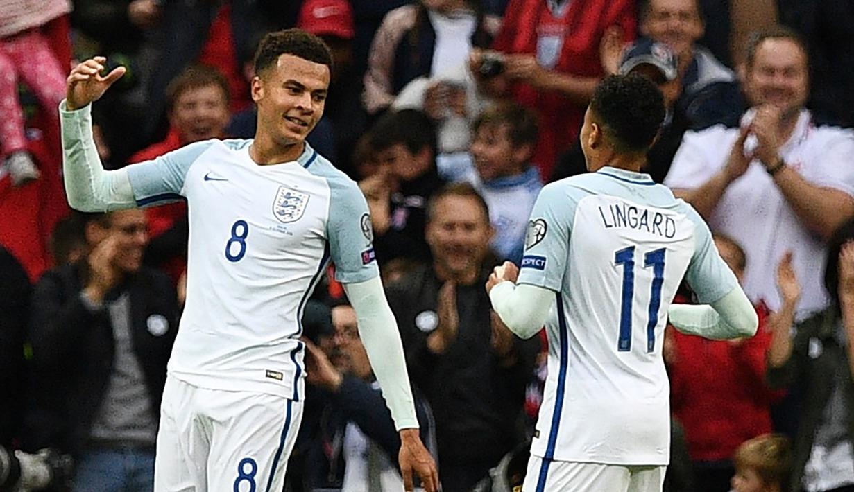 Ekspresi Dele Alli setelah mencetak gol ke gawang Malta pada laga Grup F kualifikasi Piala Dunia 2018 zona Eropa di Stadion Wembley, London, Sabtu (8/10/2016). (AFP/Justin Tallis)