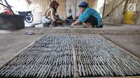Pekerja menyusun cicak di rumah industri kawasan Cirebon, Jawa Barat, Selasa (2/4). Cicak kering ini dipercaya mampu mengobati sesak napas dan alergi. (Liputan6.com/Herman Zakharia)