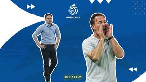 Pelatih Bhayangkara FC, Paul Munster dan pelatih PSIM, Jean-Paul Van Gastel. (Hendry Wibowo/Bola.com/Gemini)