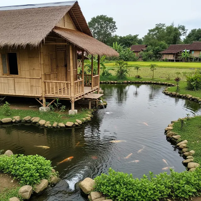 Contoh Rumah Sederhana di Desa dengan Suara Gemericik Air yang Menenangkan (Image by Gemini AI)