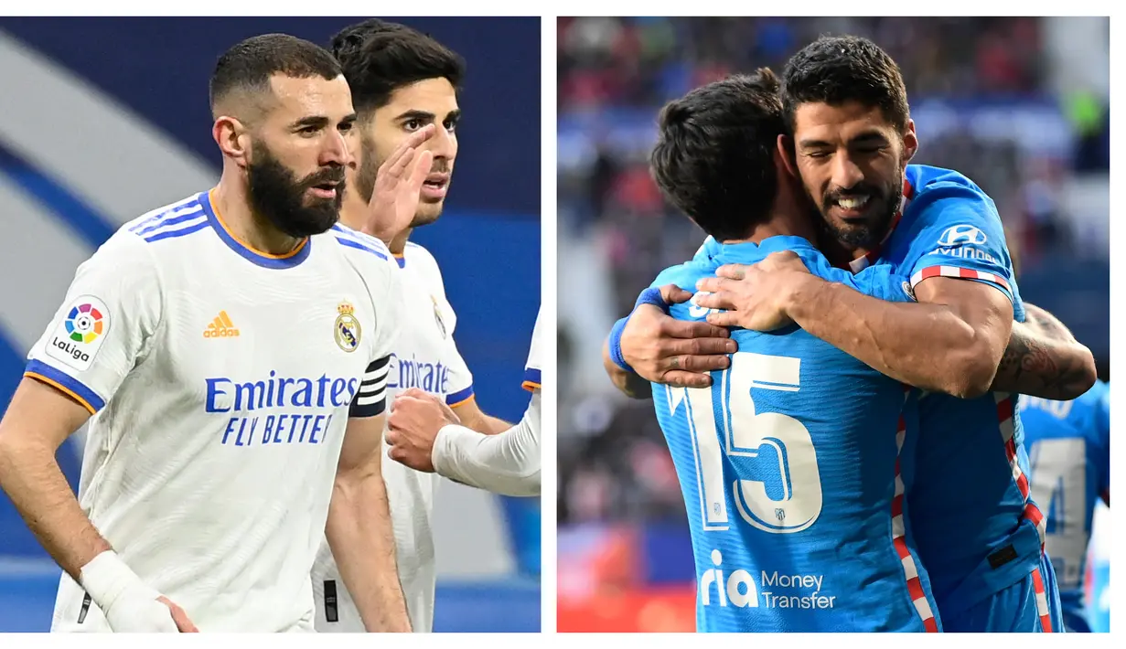 Karim Benzema dan Luis Suarez masing-masing mencetak 1 gol untuk timnya dalam kemenangan identik 3-0 atas lawan-lawannya di Liga panyol, Sabtu (19/2/2022). Real Madrid membungkam Alaves untuk tetap di puncak, Atletico Madrid membekap Osasuna untuk amankan posisi 4. (Kolase AFP dan AP)