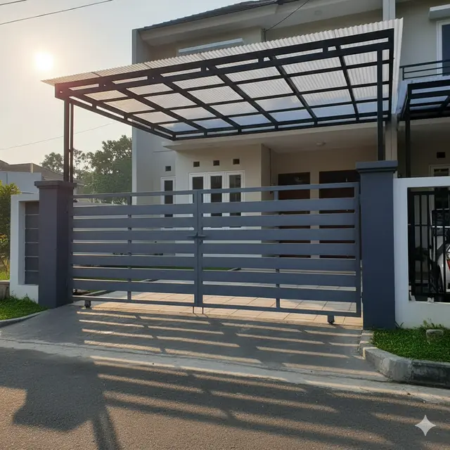 Ide Pagar Rumah Kombinasi Besi dan Kanopi Transparan. AI