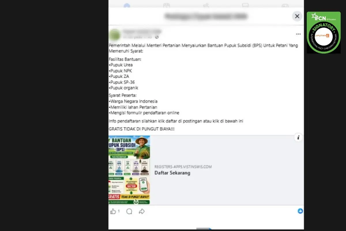 Cek Fakta Liputan6.com mendapati klaim link pendaftaran untuk mendapatkan bantuan pupuk bersubsidi dari pemerintah.