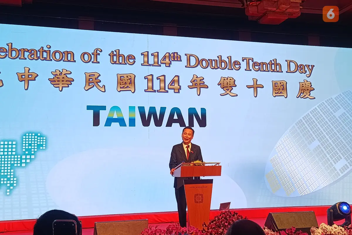Dubes Taiwan untuk indonesia, Mr. Bruce Hung, dalam pidato sambutannya di acara memperingati Double Tenth Day ke-114, di hotel Borobudur, jakarta, pada Selasa (7/10/2025).