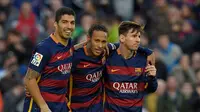 Trio striker Barcelona (dari kiri ke kanan): Luis Suarez, Lionel Messi, dan Neymar. (AFP/Lluis Gene)