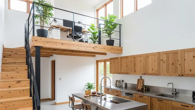 Dapur Mezzanine Scandinavian Industrial dengan Ruang Kerja