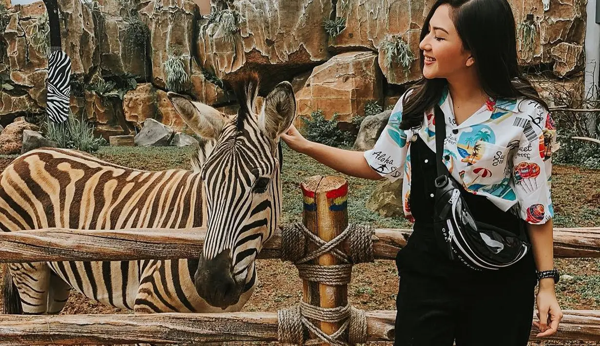 Pemeran Rara di film Imperfect tersebut tidak terlihat ragu sama sekali saat memegang kepala hewan zebra. Senyum Jessica Mila tidak bisa disembunyikan saking bahagianya saat bertemu dengan hewan warna hitam dan putih tersebut. (Liputan6.com/IG/@jscmila)