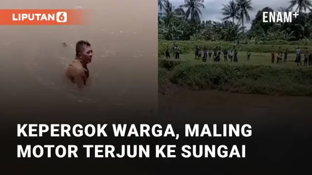 Aksi seorang pria yang diduga melakukan maling motor terjun ke sungai