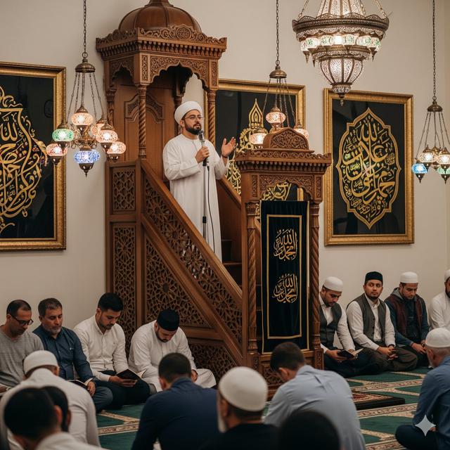 Ilustrasi seorang ulama atau ustadz yang sedang memberikan ceramah tentang Maulid Nabi.