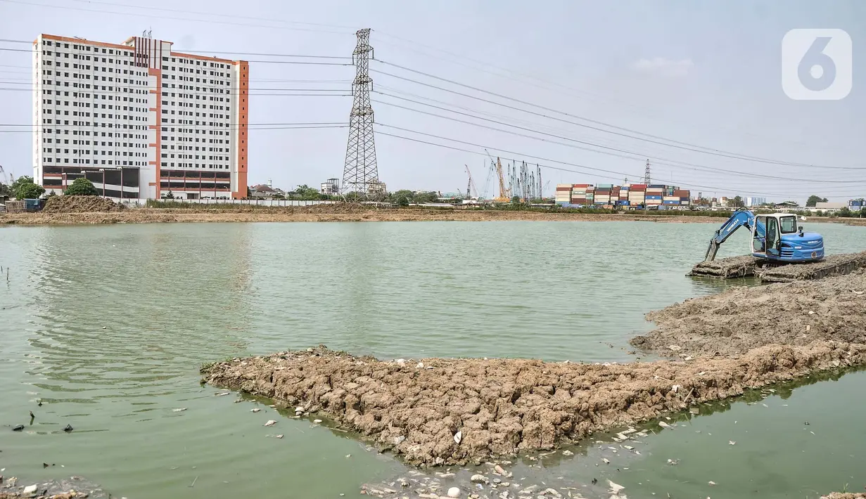 Petugas SDSDA menggunakan ekskavator mengerjakan pembangunan Waduk Belibis, Semper Barat, Cilincing, Jakarta Utara, Rabu (13/10/2021). Progres pembangunan Waduk Belibis yang dibangun sejak Oktober 2020 sebagai upaya pengendalian banjir telah mencapai 80 persen. (merdeka.com/Iqbal S. Nugroho)