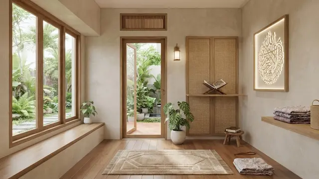 Desain mushola kecil dalam rumah yang sejuk meski tanpa kipas dan bikin ibadah keluarganya nyaman model bukaan dua sisi