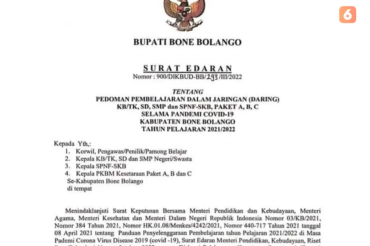 Edaran Bupati Bone Bolango (Bonebol) soal pembelajaran daring (Arfandi Ibrahim/Liputan6.com)