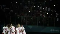 Pemain Indonesia saat pertandingan melawan Laos pada laga Asian Games di Stadion Patriot, Jawa Barat, Jumat (17/8/2018). Indonesia menang 3-0 atas Laos. (Bola.com/Vitalis Yogi Trisna)