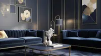 Ruang tamu monokromatik biru navy dengan aksen garis emas di sudut dinding. (Liputan6.com/MetaAi)