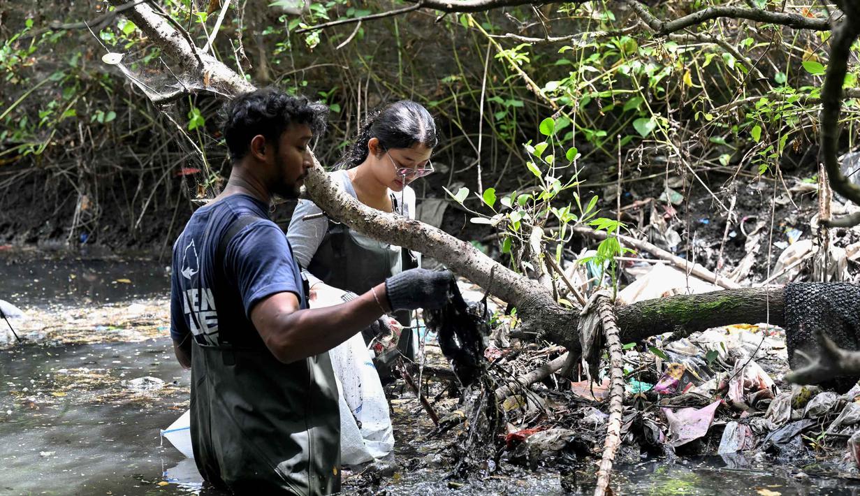 Sampah tersangkut di akar, mengakibatkan bibit sulit tumbuh dan berisiko kematian pada mangrove. Tampak dalam foto, warga membersihkan sampah plastik di area hutan bakau sebagai bagian dari kampanye kebersihan di Desa Serangan, Denpasar, Bali, pada Rabu 15 April 2026. (SONNY TUMBELAKA/AFP)