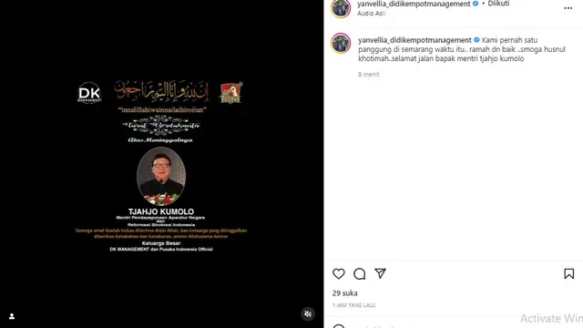 Yan Vellia - Tjahjo Kumolo (Foto: Instagram/@yanvellia_didikempotmanagement)