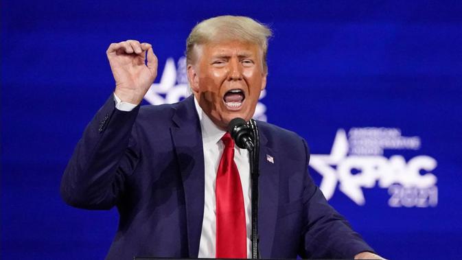 Donald Trump tampil di acara CPAC 2021. Dok: AP Photo/John Raoux