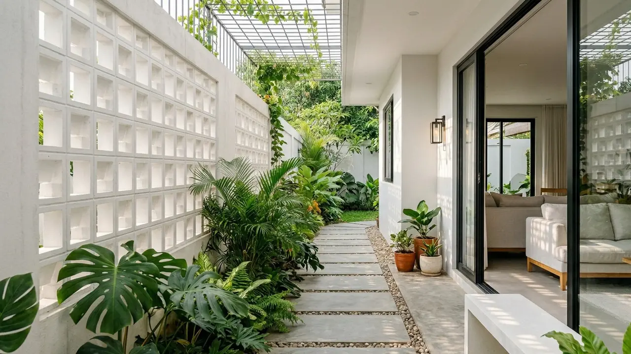Koridor Samping Rumah dengan Dinding Roster Gemini AI