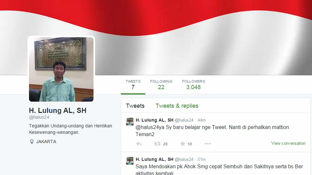 Bikin Akun Twitter, Haji Lulung Doakan Ahok Cepat Sembuh