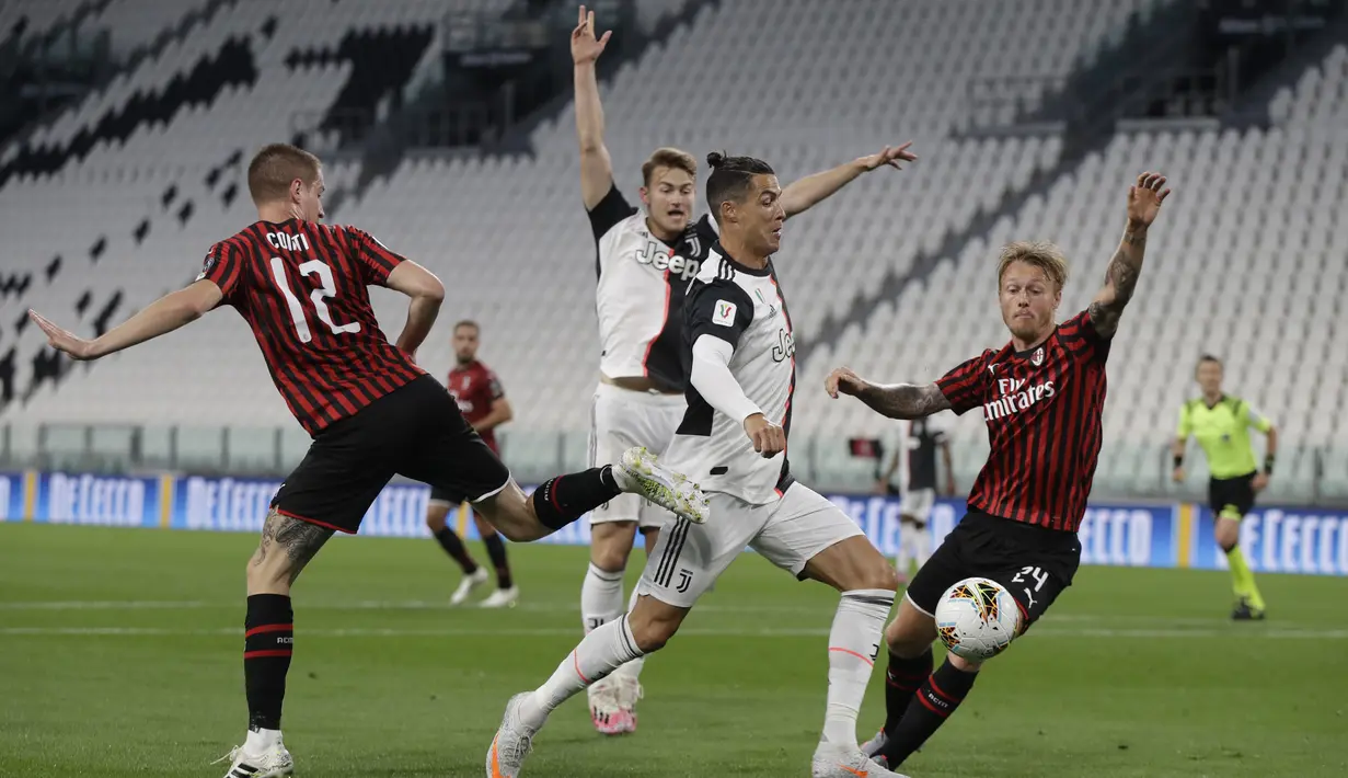 Pemain Juventus Cristiano Ronaldo berusaha melewati pertahanan AC Milan saat bertanding pada leg kedua Coppa Italia di Allianz Stadium, Turin, Italia, Jumat (12/6/2020). Juventus sukses melaju ke final Coppa Italia setelah bermain 0-0. (AP Photo/Luca Bruno)