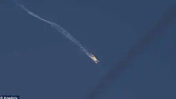 Terlihat gambar sebuah pesawat terbakar pada selasa pagi waktu setempat di wilayah Perbatasan Turki dan Suriah. Kementerian Pertahanan Rusia mengklaim pasukannya masih mengudara di wilayah Suriah. (Dailiymail)