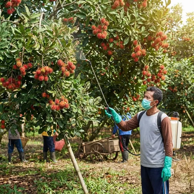 Ilustrasi Menyemprot Tanaman Rambutan