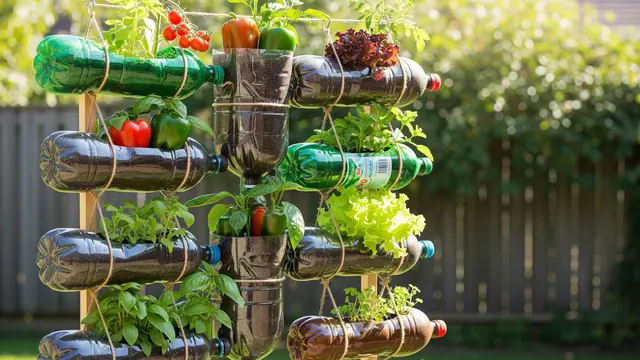 Ilustrasi Desain Kebun Sayur Pocket Garden dari Botol Plastik Bekas/Gemini AI