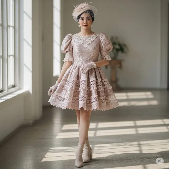 Dress Brokat Lengan Balon Pendek. Foto: Gemini