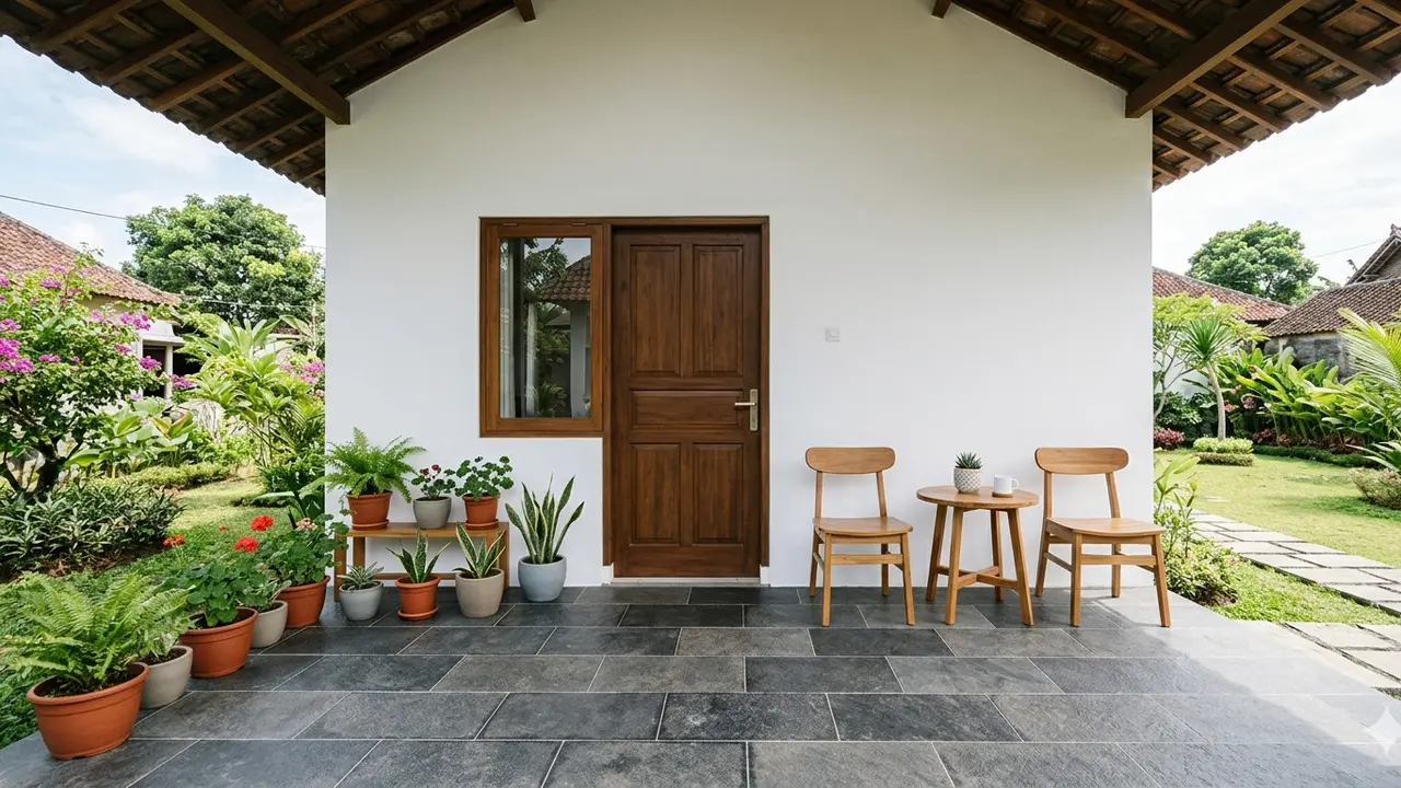 Inspirasi Teras Rumah Desa dengan Batu Alam yang Awet Bertahun-tahun. Gemini