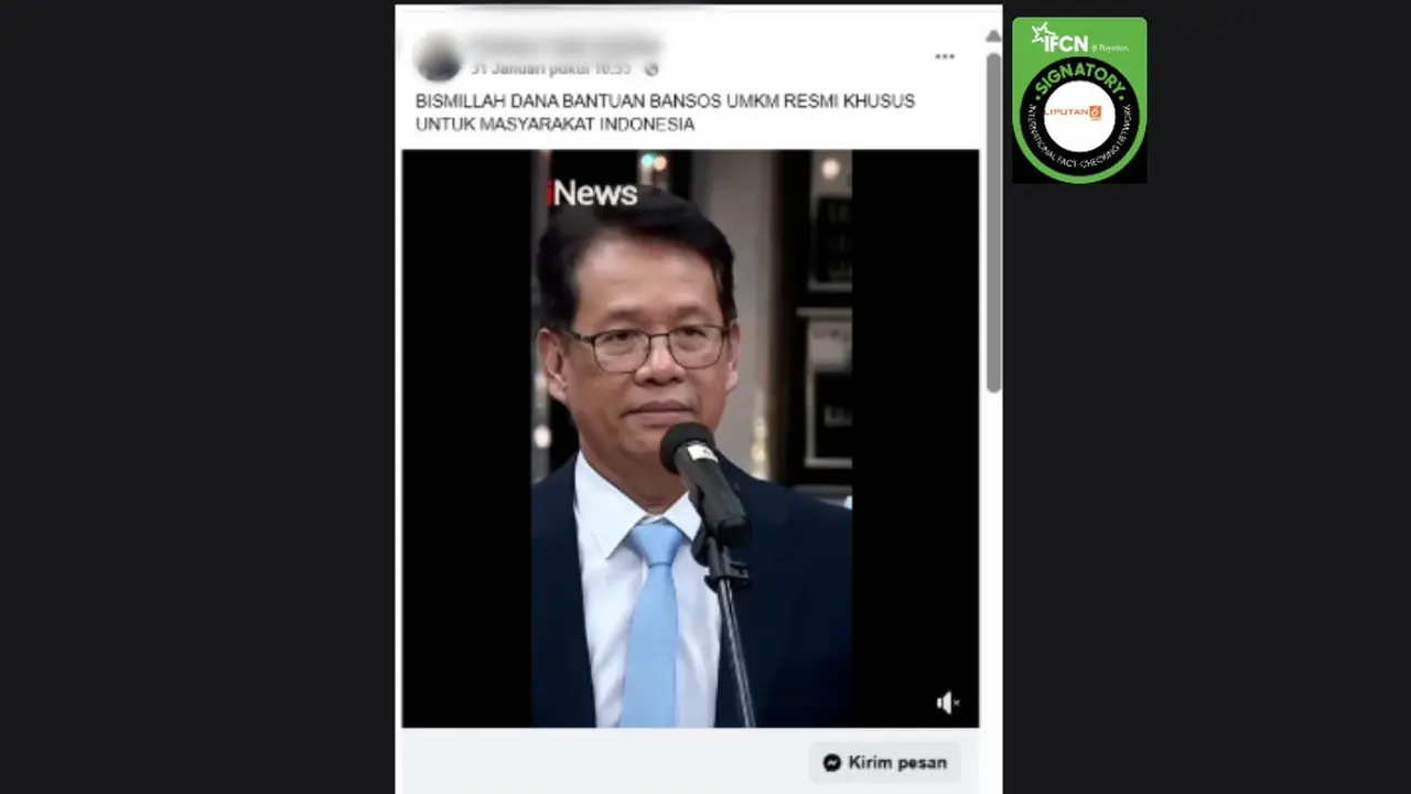 Cek fakta Menkeu Purbaya mengenai dana bantuan bansos UMKM yang beredar di Facebook.