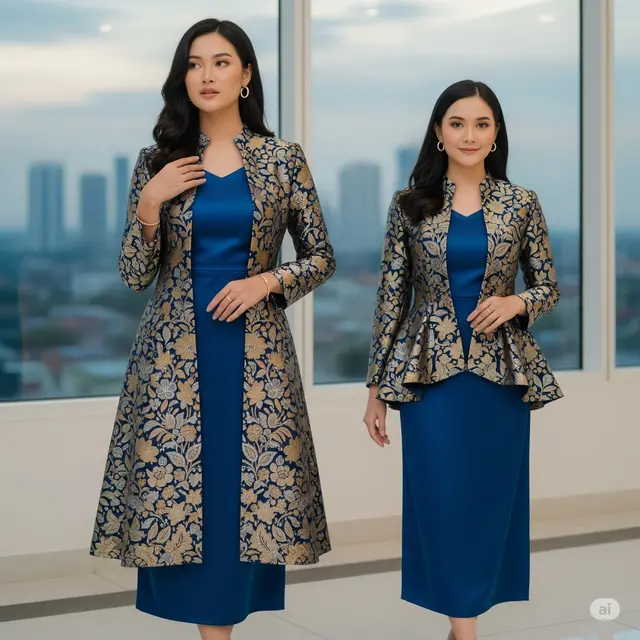 Contoh Model Brokat Dress Kombinasi Satin Dress dengan Outer Brokat (2-in-1). Foto: Gemini