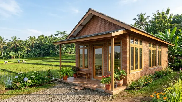 Desain Rumah Bata Merah Sederhana dengan Nuansa Hangat ala Desa. Gemini
