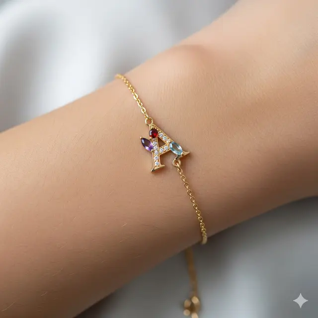 Gelang Custom Inisial dengan Batu Kelahiran