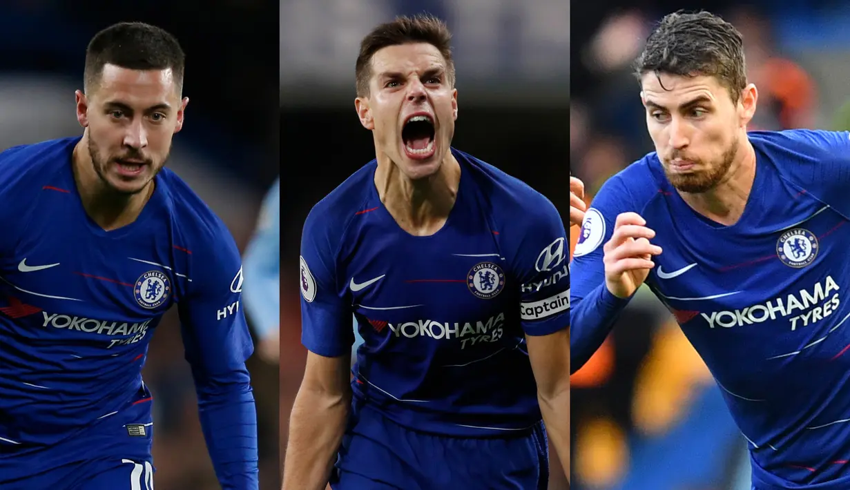 Chelsea tengah merasakan nuansa bagus dibawah arahan Maurizio Sarri. Raihan 33 gol jadi bukti betapa ganasnya Chelsea musim ini. Alhasil Chelsea digadang gadang salah satu kandidat yang pantas menjuarai gelar Premier League 2018/19. (AFP/Kolase Foto AFP)