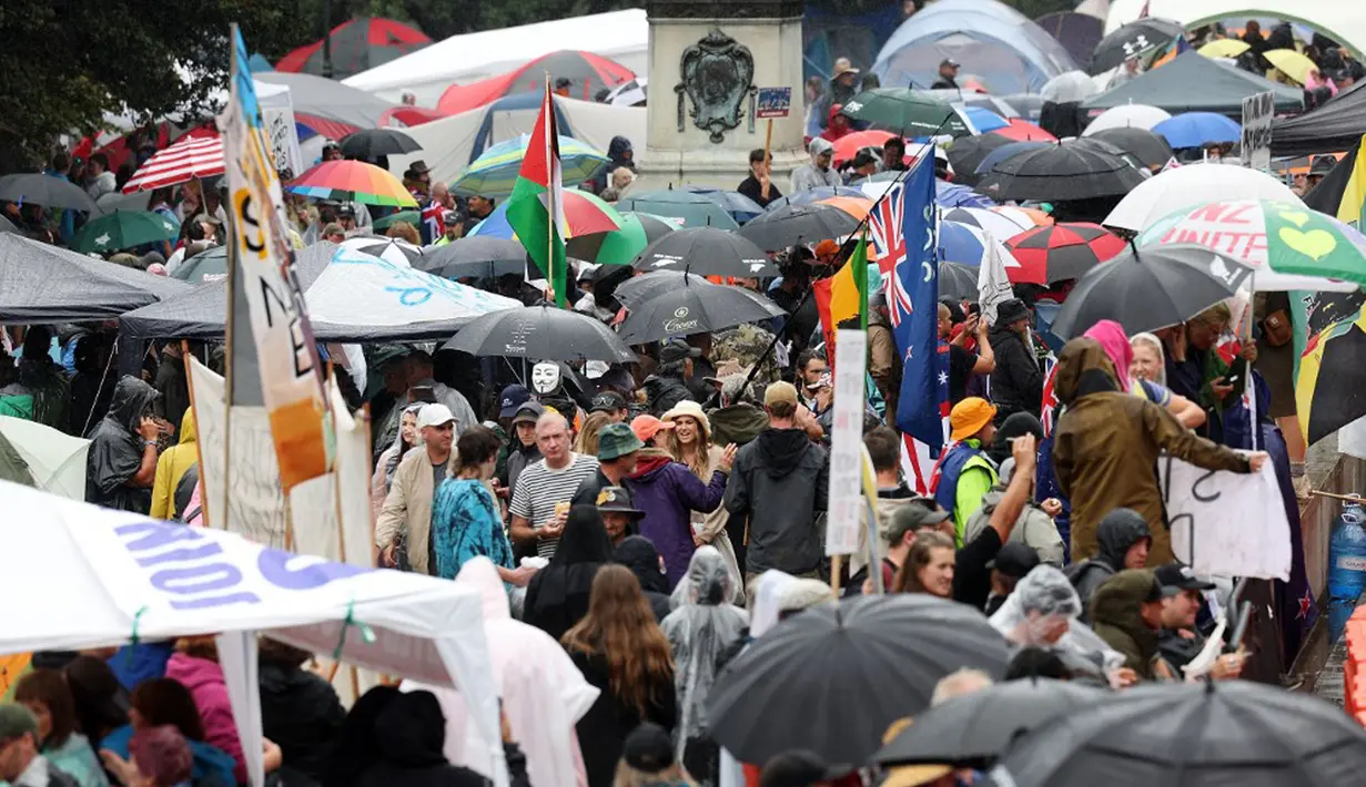 Para pengunjuk rasa memadati halaman Parlemen pada hari kelima demonstrasi menentang pembatasan COVID-19 di Wellington, Selandia Baru, 12 Februari 2022. Aksi ini terinspirasi oleh demonstrasi serupa di Kanada. (MARTY MELVILLE/AFP)