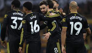 Selebrasi pemain MU usia mengalahkan Wolves di ajang Liga Inggris. (Darren Staples / AFP)